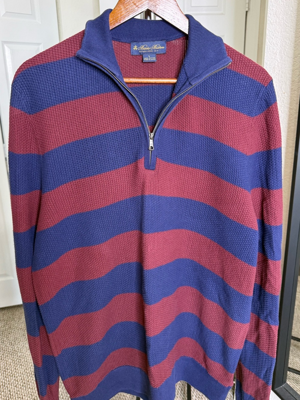 Blue and Burgundy Quarter-Zip Striped Sweater